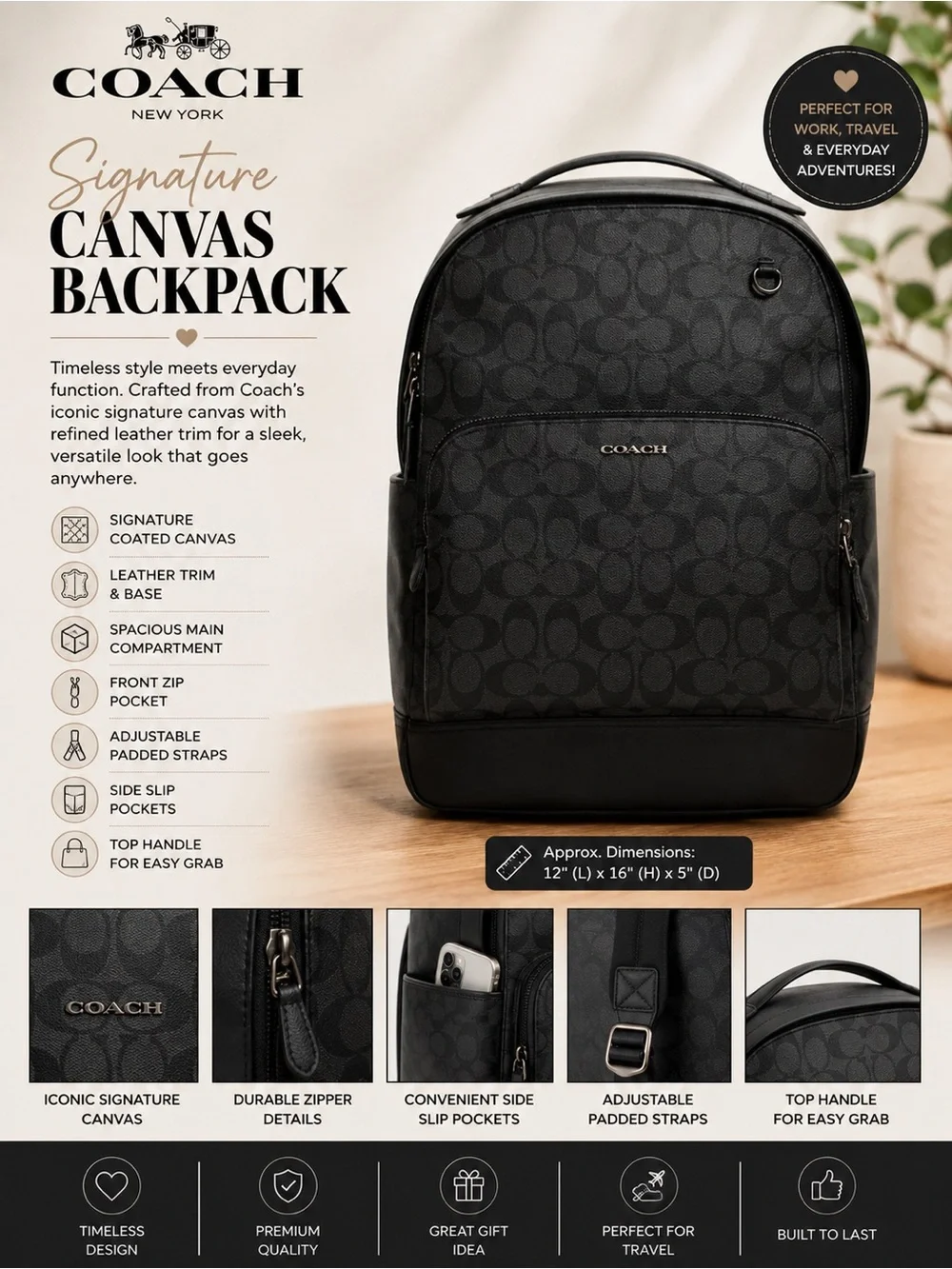 Coach 𝐍𝐖𝐓 Black Signature Canvas Backpack with Leather Trim NEW
